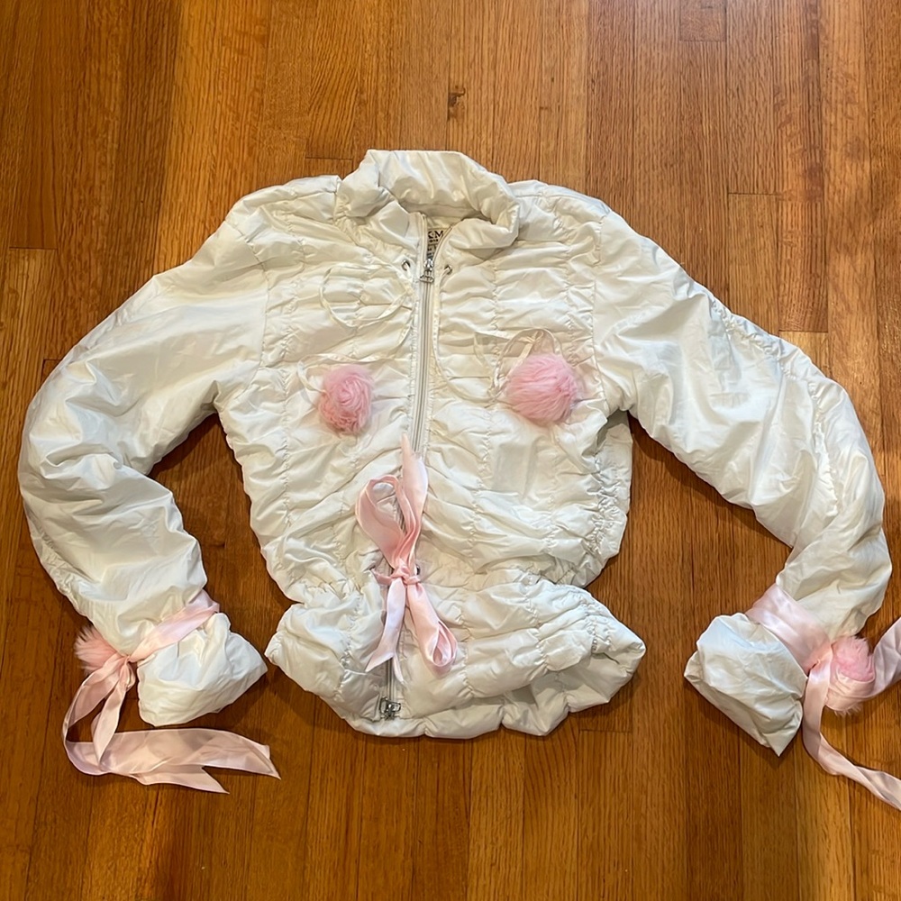 White Puffy Jacket with Pink Pum Pums, Size Medium